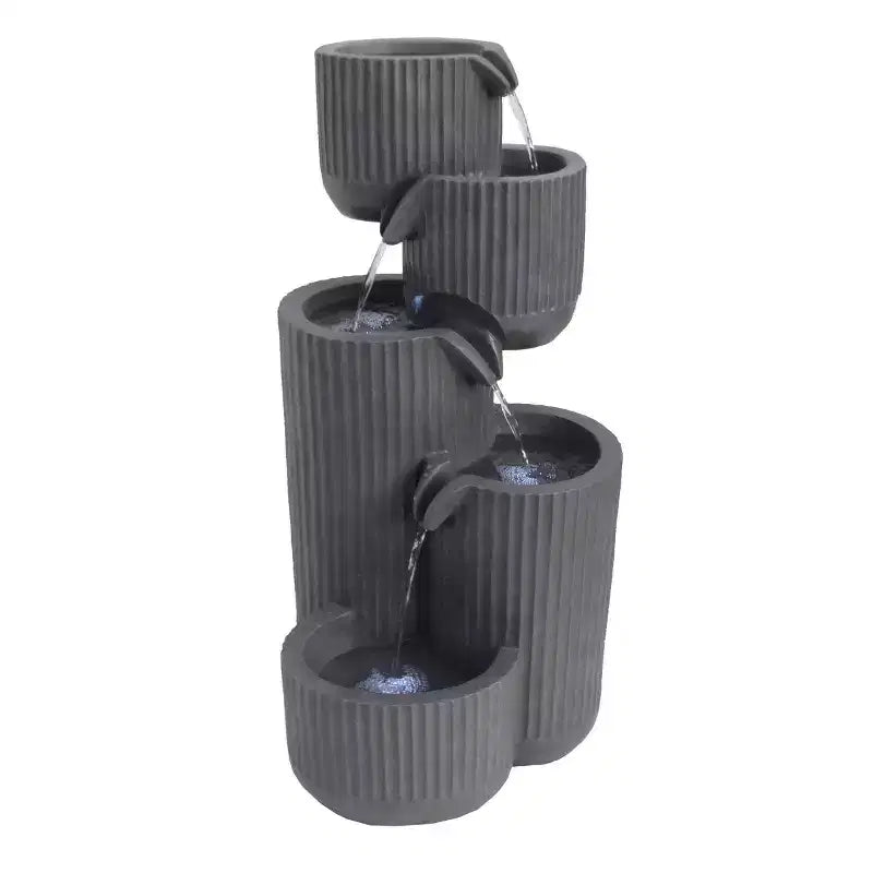 Alpine Corporation 32" 5-Tier Gray Fluted Pots Fountain: Outdoor LED-Lit Water Feature, Resin Crafted, Electric Powered