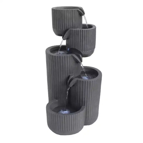 Alpine Corporation 32" 5-Tier Gray Fluted Pots Fountain: Outdoor LED-Lit Water Feature, Resin Crafted, Electric Powered