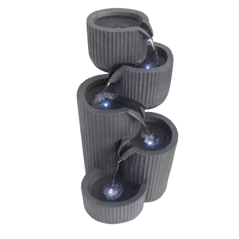 Fontaine à pots cannelés grise à 5 niveaux de 32 po : fontaine d'extérieur illuminée par DEL, fabriquée en résine, alimentée par l'électricité