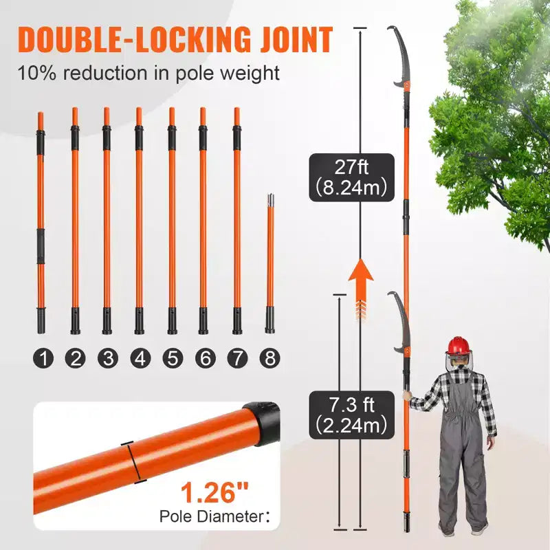 Scie d'élagage manuelle, élagueur d'arbres télescopique de 2,2 à 8,2 m, ébrancheur manuel avec 8 poignées légères en fibre de verre, pour l'élagage des palmiers et des arbustes