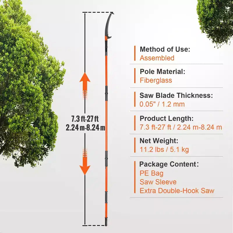 Scie d'élagage manuelle, élagueur d'arbres télescopique de 2,2 à 8,2 m, ébrancheur manuel avec 8 poignées légères en fibre de verre, pour l'élagage des palmiers et des arbustes