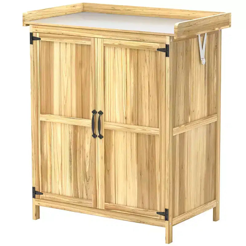 Abri de jardin extérieur en bois, abri de jardin avec plateau en métal, étagère et 2 portes pour patio, pelouse
