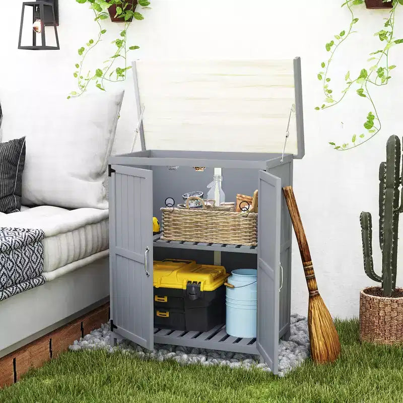 Abri de jardin extérieur en bois, abri de jardin avec plateau en métal, étagère et 2 portes pour patio, pelouse
