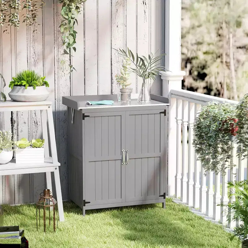 Abri de jardin extérieur en bois, abri de jardin avec plateau en métal, étagère et 2 portes pour patio, pelouse