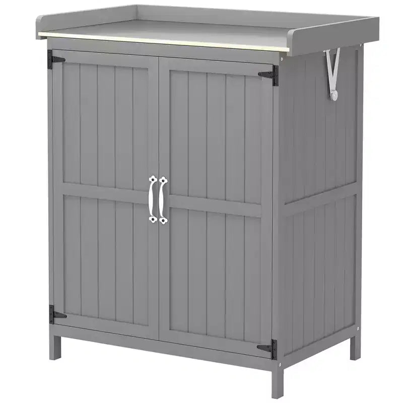 Abri de jardin extérieur en bois, abri de jardin avec plateau en métal, étagère et 2 portes pour patio, pelouse