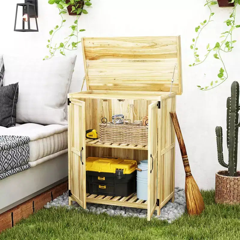 Abri de jardin extérieur en bois, abri de jardin avec plateau en métal, étagère et 2 portes pour patio, pelouse
