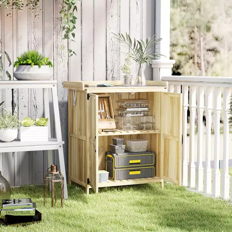 Abri de jardin extérieur en bois, abri de jardin avec plateau en métal, étagère et 2 portes pour patio, pelouse