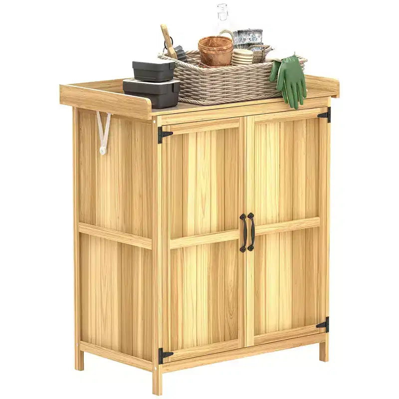 Abri de jardin extérieur en bois, abri de jardin avec plateau en métal, étagère et 2 portes pour patio, pelouse