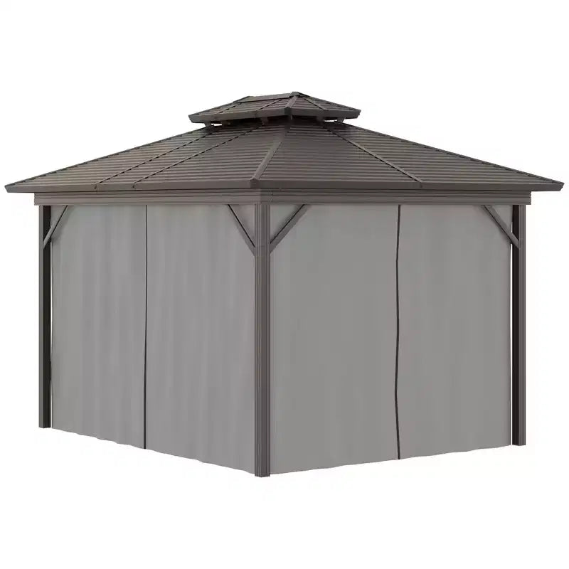Gazebo à toit rigide en métal avec moustiquaires et rideaux, pavillon à double toit pour patio, jardin, terrasse, porche.