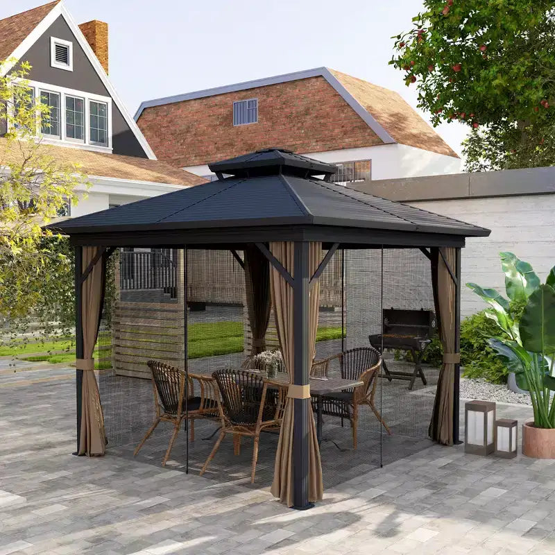 Gazebo à toit rigide en métal avec moustiquaires et rideaux, pavillon à double toit pour patio, jardin, terrasse, porche.