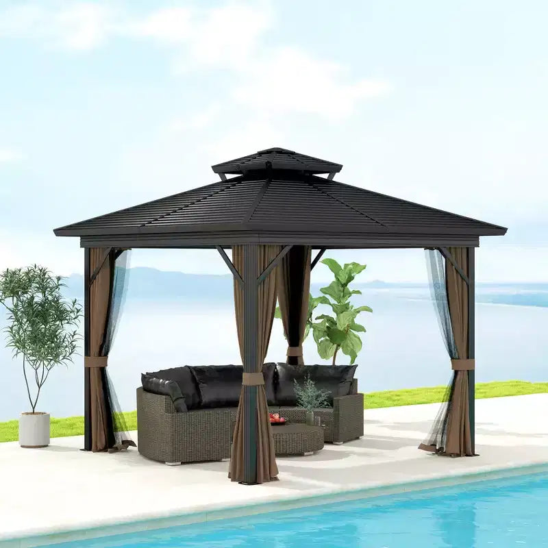 Gazebo à toit rigide en métal avec moustiquaires et rideaux, pavillon à double toit pour patio, jardin, terrasse, porche.
