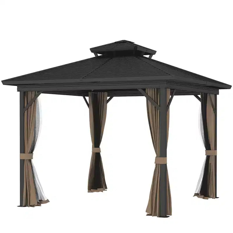 Gazebo à toit rigide en métal avec moustiquaires et rideaux, pavillon à double toit pour patio, jardin, terrasse, porche.