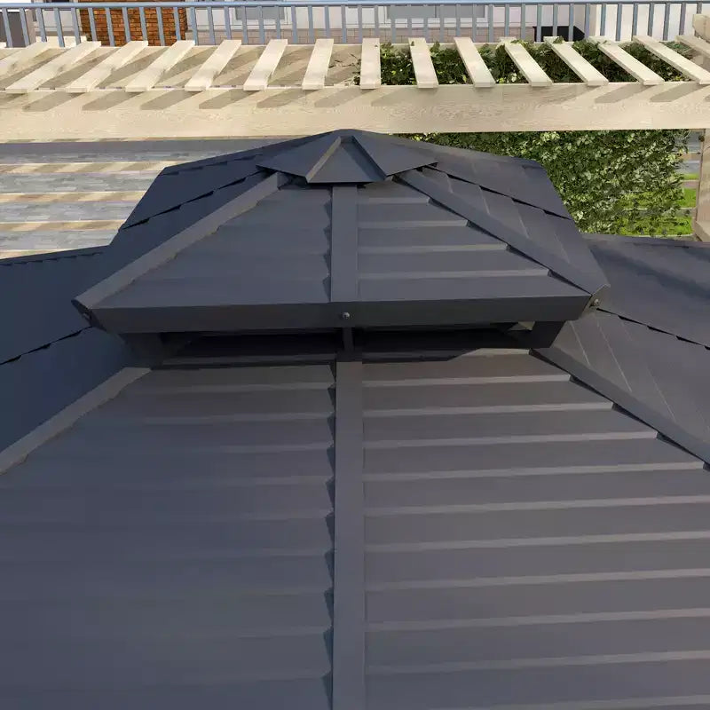Gazebo à toit rigide en métal avec moustiquaires et rideaux, pavillon à double toit pour patio, jardin, terrasse, porche.