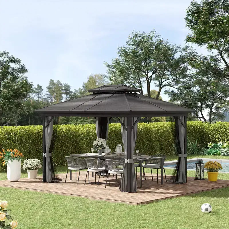 Gazebo à toit rigide en métal avec moustiquaires et rideaux, pavillon à double toit pour patio, jardin, terrasse, porche.