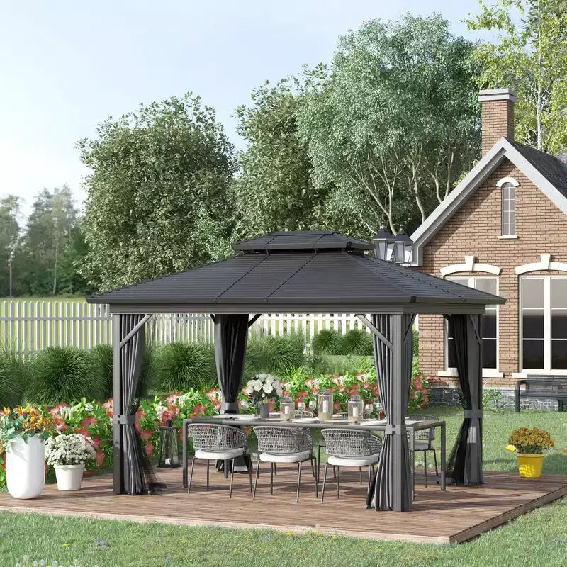 Gazebo à toit rigide en métal avec moustiquaires et rideaux, pavillon à double toit pour patio, jardin, terrasse, porche.