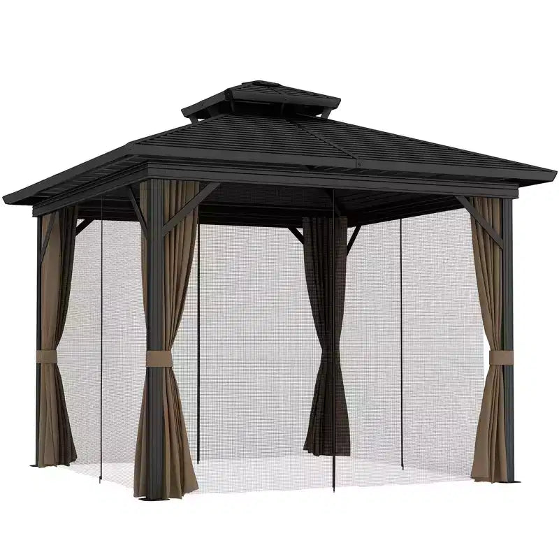 Outsunny Metal Hardtop Gazebo with Mesh Sidewalls & Curtains, Double Roof Pavilion for Patio, Backyard, Deck, Porch