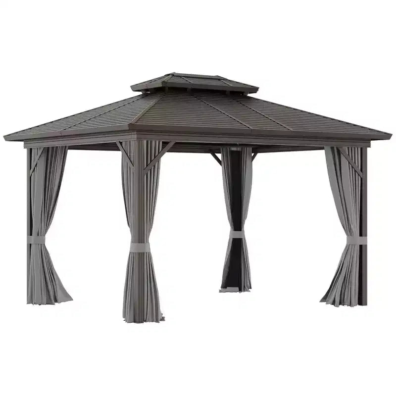 Gazebo à toit rigide en métal avec moustiquaires et rideaux, pavillon à double toit pour patio, jardin, terrasse, porche.