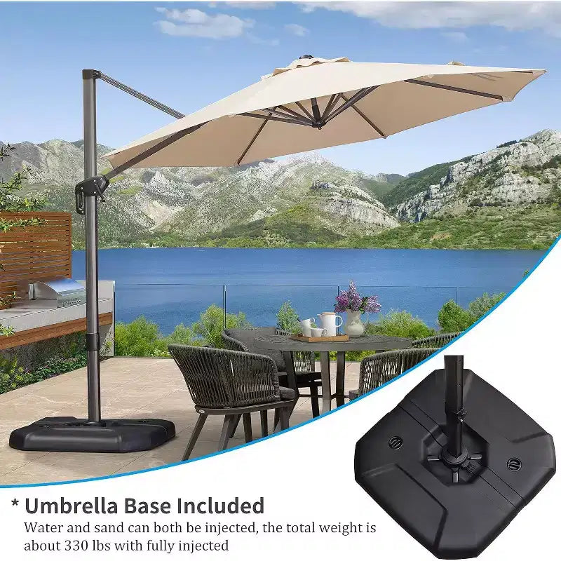 PURPLE LEAF 10 Ft Cantilever Umbrella Round Outdoor Patio Umbrella Aluminum Umbrella with 360 Rotation Adjustable Umbrella With Base, Beige