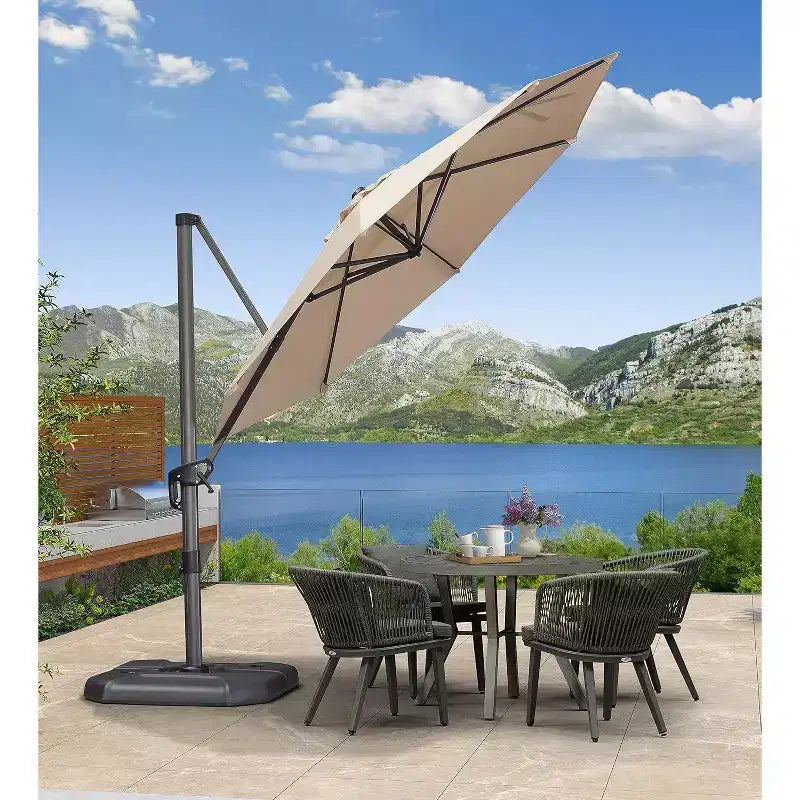 Parasol déporté rond d'extérieur de 3 m, en aluminium avec rotation à 360°, parasol réglable avec base, beige