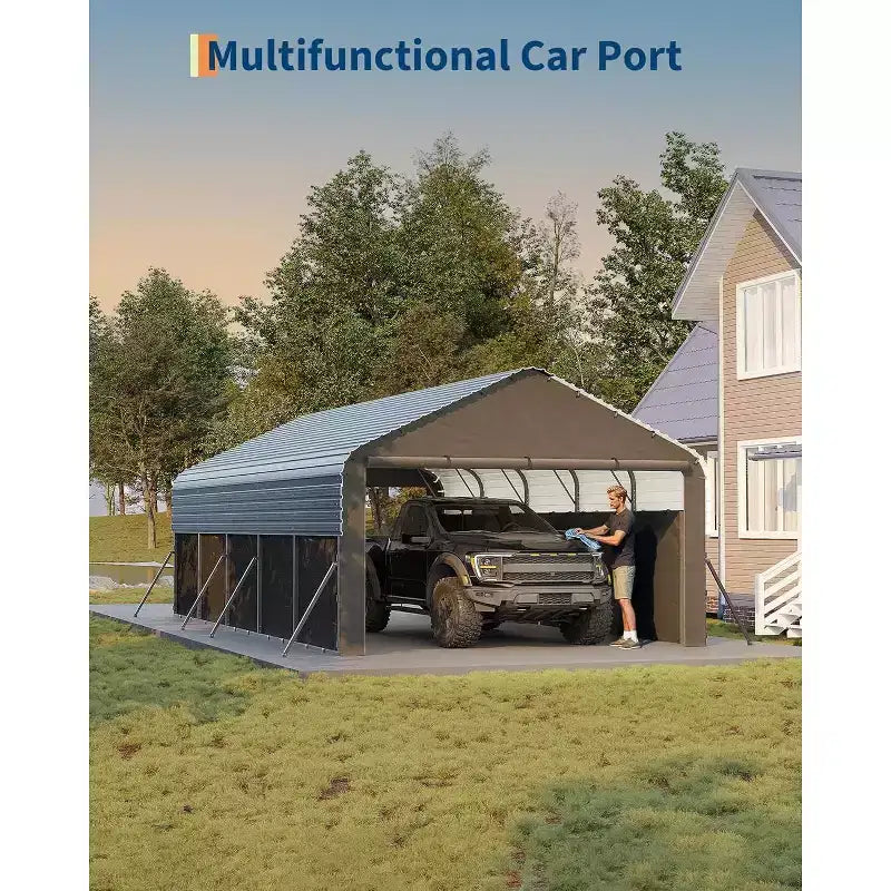 Abri de voiture fermé en acier 12x24 pieds avec portes roulantes - Protection toutes saisons pour camions, bateaux, tracteurs