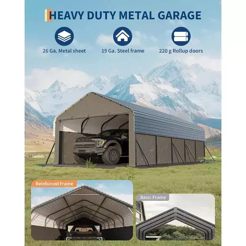 Abri de voiture fermé en acier 12x24 pieds avec portes roulantes - Protection toutes saisons pour camions, bateaux, tracteurs