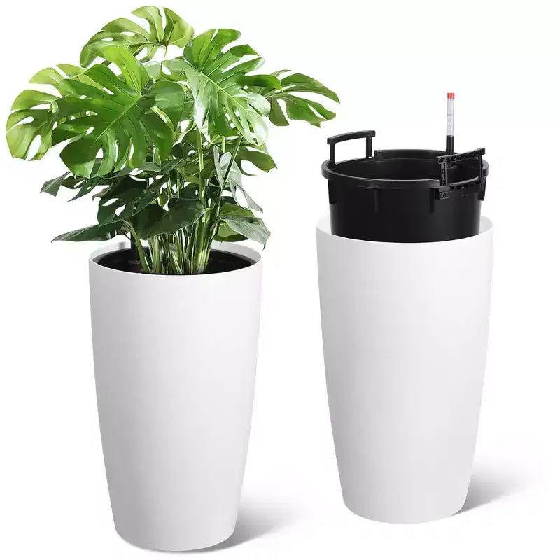 Self-Watering Planters with Water Level Monitor, Set of 2 - 22 Inch Tall Pots That Never Overwater, for Indoor & Outdoor Use on Patio, Balcony