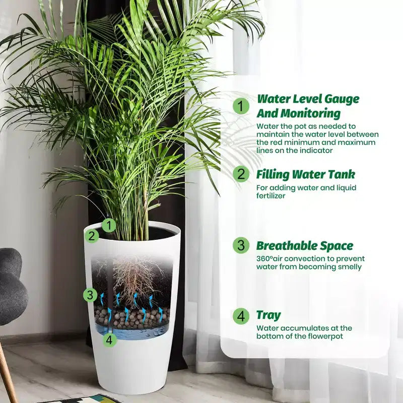 Jardinières à réserve d'eau avec indicateur de niveau, lot de 2 – Pots de 56 cm de haut qui n'arrosent jamais trop, pour utilisation intérieure et et extérieure sur patio, balcon