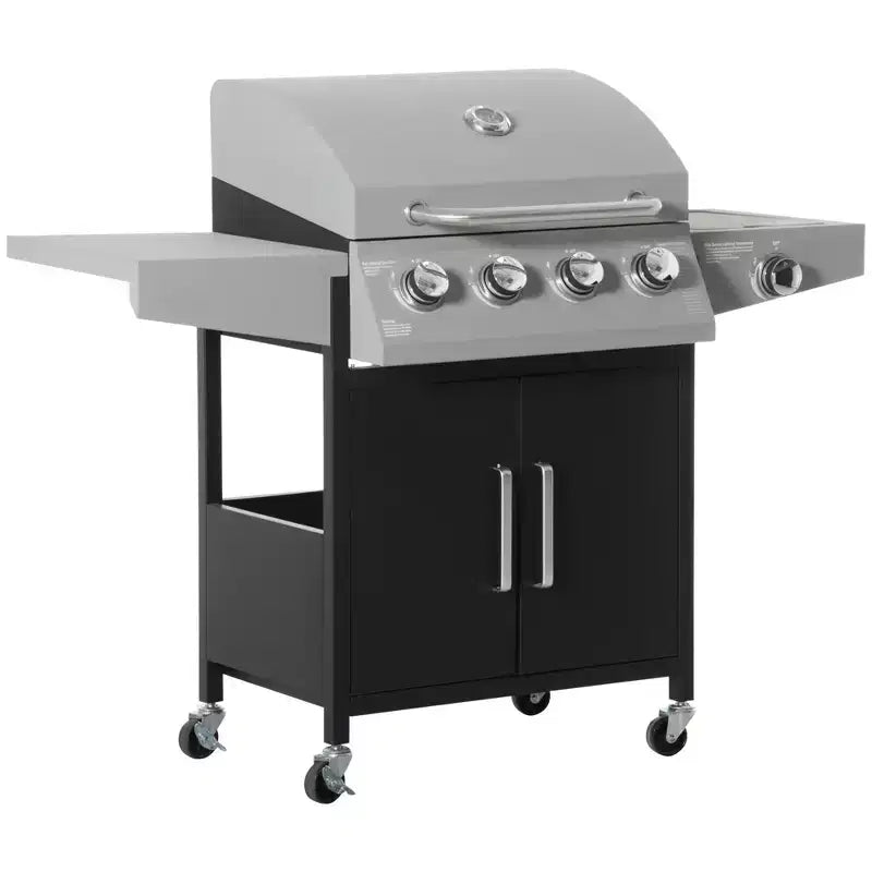 52 Barbecue Grill with Wheels 4+1 Burner Liquid Propane Gas Grill Outdoor Cabinet Style BBQ Trolley w/ Side Burner, Warming Rack, Storage Cabinet