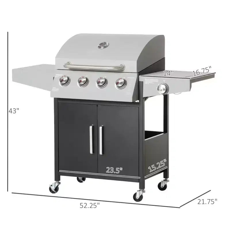Barbecue 52 po avec roues 4+1 brûleurs au propane. Grill au gaz style armoire avec brûleur latéral, grille de réchaud, armoire de rangement