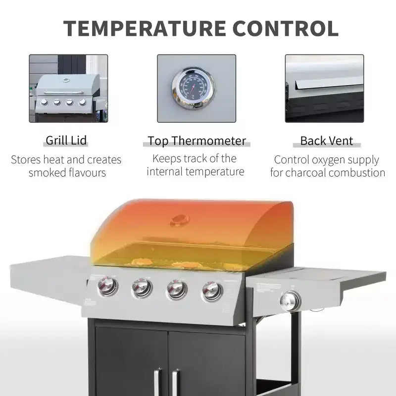 Barbecue 52 po avec roues 4+1 brûleurs au propane. Grill au gaz style armoire avec brûleur latéral, grille de réchaud, armoire de rangement
