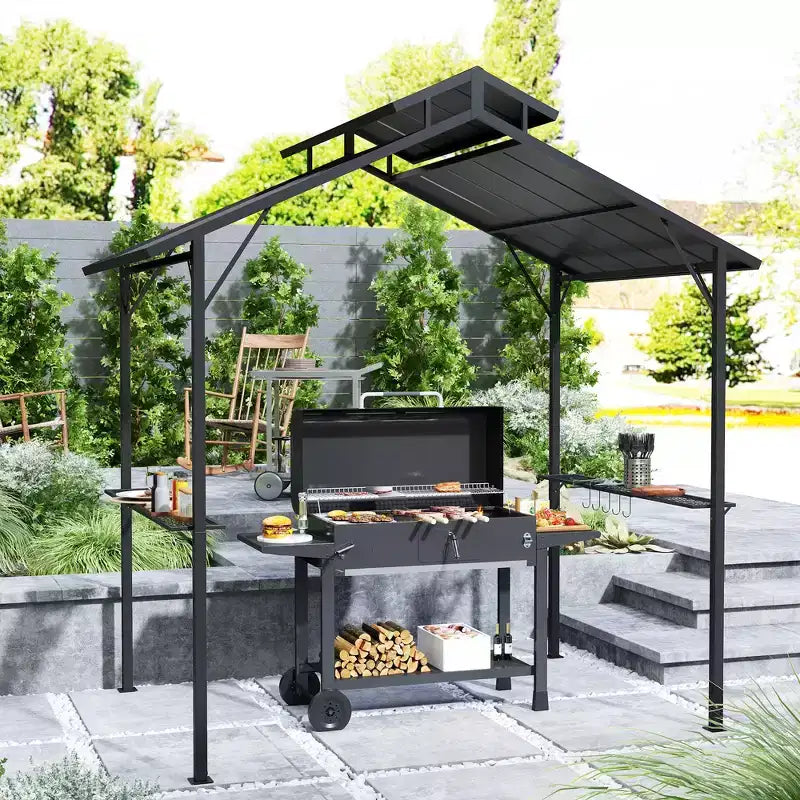 Tonnelle de barbecue à toit rigide 8 x 5 pieds avec toit double en métal, 2 étagères latérales et 10 crochets pour terrasse, jardin, pelouse
