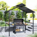 Tonnelle de barbecue à toit rigide 8 x 5 pieds avec toit double en métal, 2 étagères latérales et 10 crochets pour terrasse, jardin, pelouse
