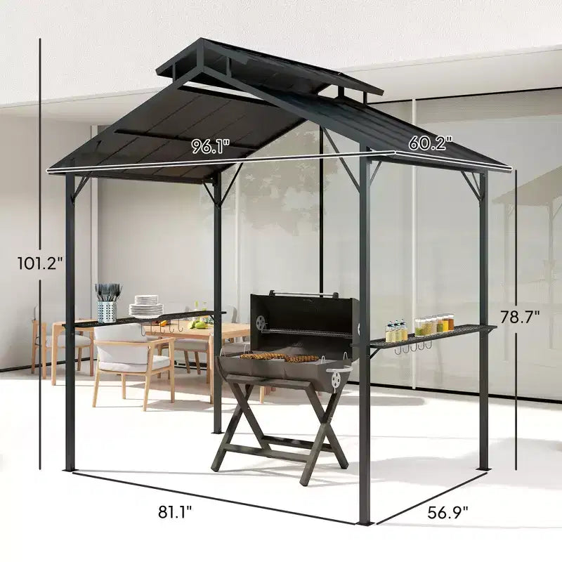 Tonnelle de barbecue à toit rigide 8 x 5 pieds avec toit double en métal, 2 étagères latérales et 10 crochets pour terrasse, jardin, pelouse