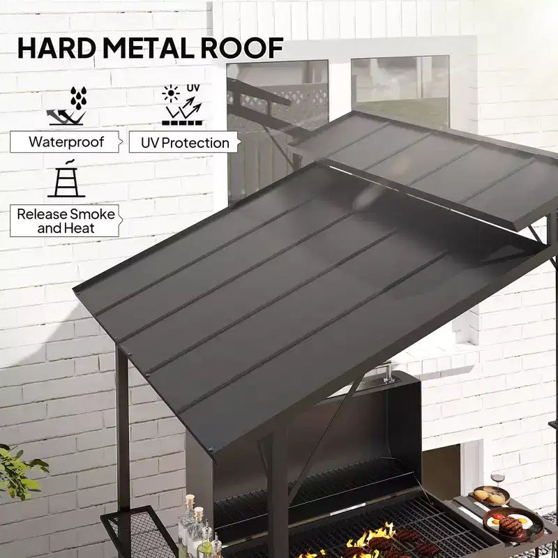 Tonnelle de barbecue à toit rigide 8 x 5 pieds avec toit double en métal, 2 étagères latérales et 10 crochets pour terrasse, jardin, pelouse