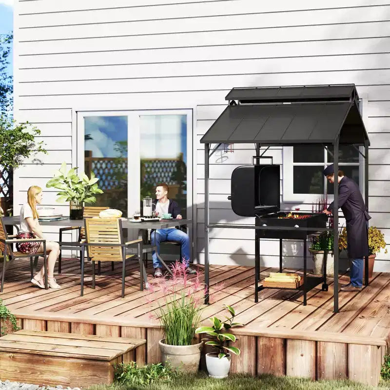 Tonnelle de barbecue à toit rigide 8 x 5 pieds avec toit double en métal, 2 étagères latérales et 10 crochets pour terrasse, jardin, pelouse