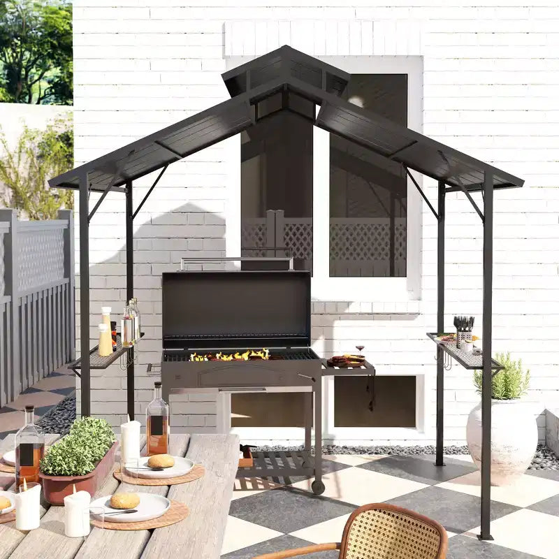Tonnelle de barbecue à toit rigide 8 x 5 pieds avec toit double en métal, 2 étagères latérales et 10 crochets pour terrasse, jardin, pelouse