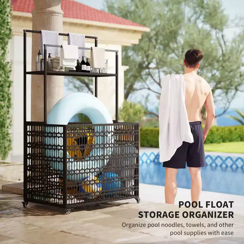 Wicker Pool Float Storage Organizer, PE Rattan Pool Float Holder, Rolling Pool Caddy for Floaties, Noodles, Life Vests, Beach Balls, Brown