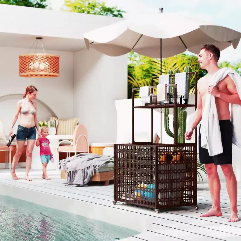 Organisateur de rangement flottant en osier pour piscine, support flottant en rotin PE, chariot de piscine roulant pour flotteurs, frites de piscine, gilets de sauvetage, ballons de plage, marron