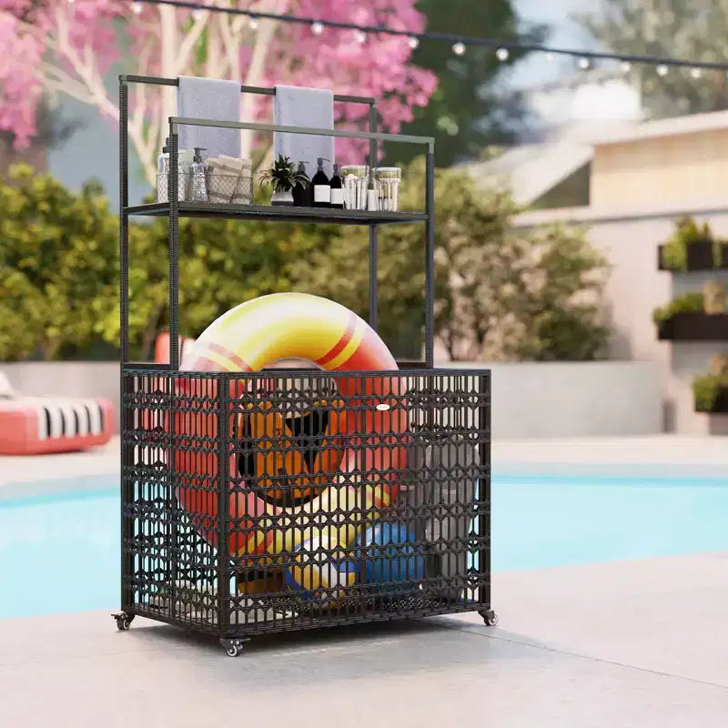 Organisateur de rangement flottant en osier pour piscine, support flottant en rotin PE, chariot de piscine roulant pour flotteurs, frites de piscine, gilets de sauvetage, ballons de plage, marron