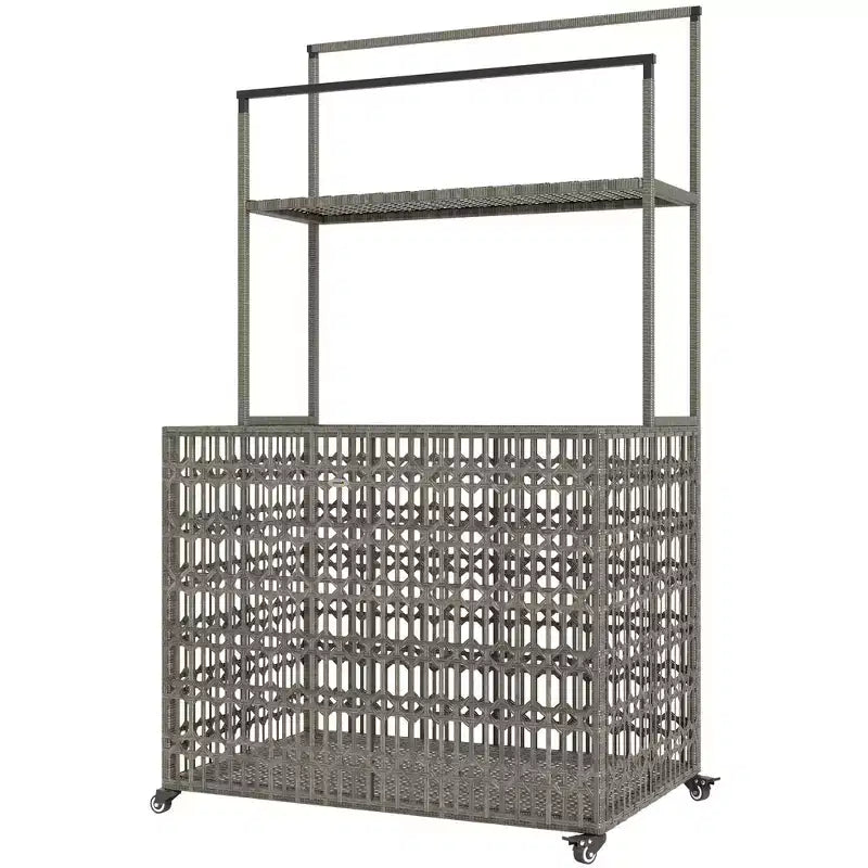 Wicker Pool Float Storage Organizer, PE Rattan Pool Float Holder with Basket Shelf Towel Bars,, Noodles, Life Vests, Beach Balls, Mixed-Gray