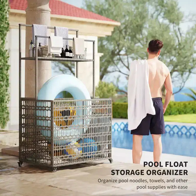 Organisateur de rangement flottant pour piscine en osier, support flottant pour piscine en rotin PE avec étagère à panier, barres à serviettes, nouilles, gilets de sauvetage, ballons de plage, gris mélangé