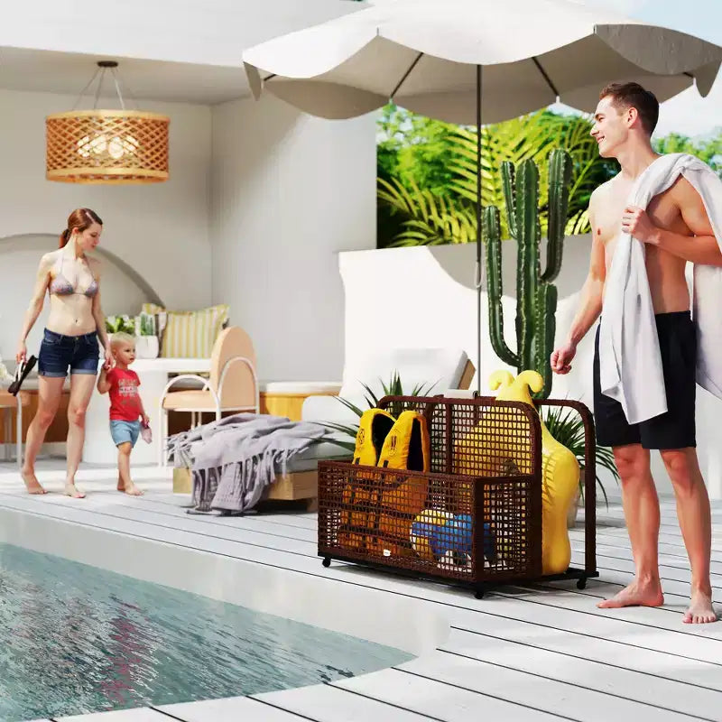 Rangement flottant pour piscine, support de piscine, avec roues, 43,25 L x 22,5 l x 28 H, marron