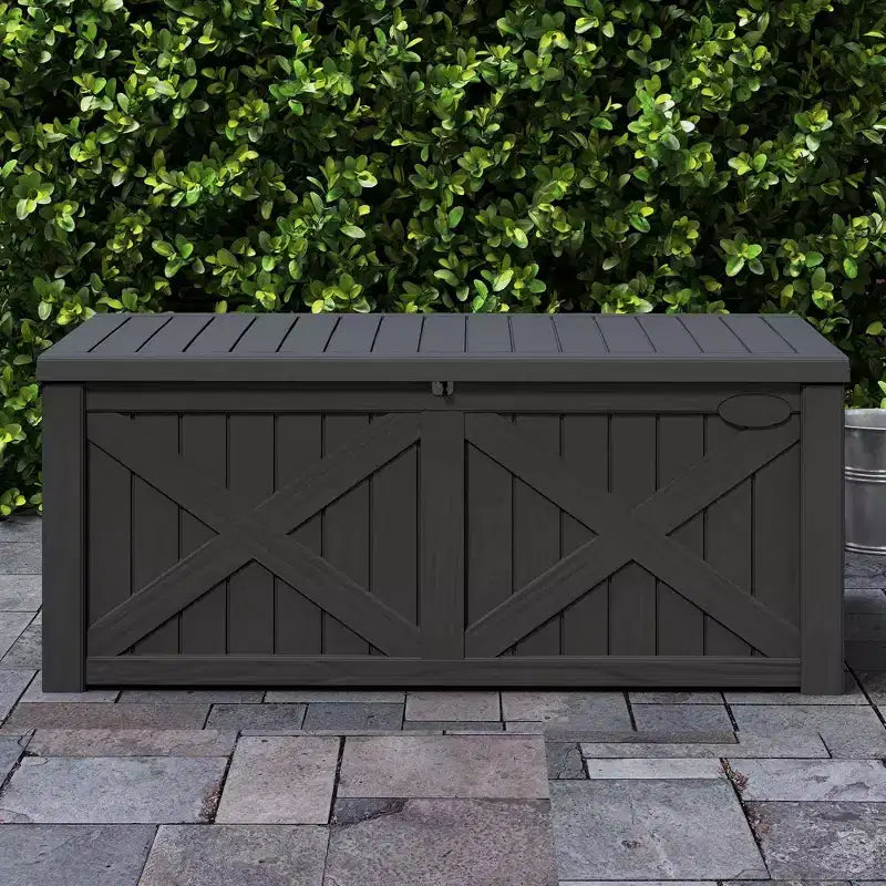 Coffre de rangement extérieur en résine de 450 litres, grand, en forme de X sur le devant, banc de rangement imperméable pour coussins