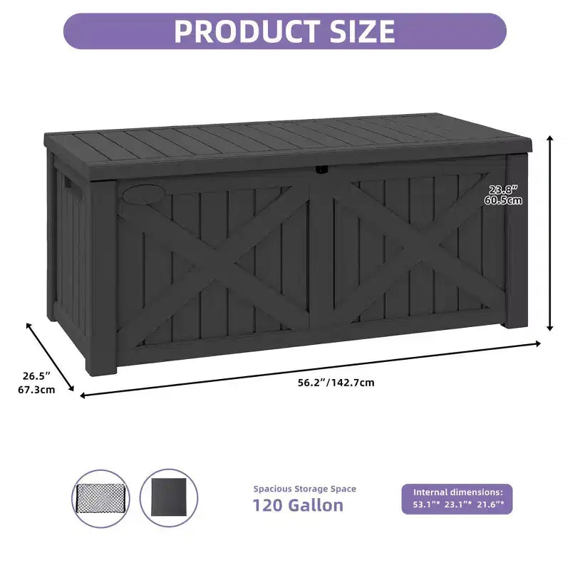 Coffre de rangement extérieur en résine de 450 litres, grand, en forme de X sur le devant, banc de rangement imperméable pour coussins