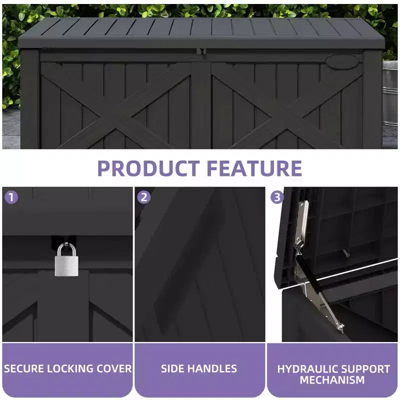 Coffre de rangement extérieur en résine de 450 litres, grand, en forme de X sur le devant, banc de rangement imperméable pour coussins