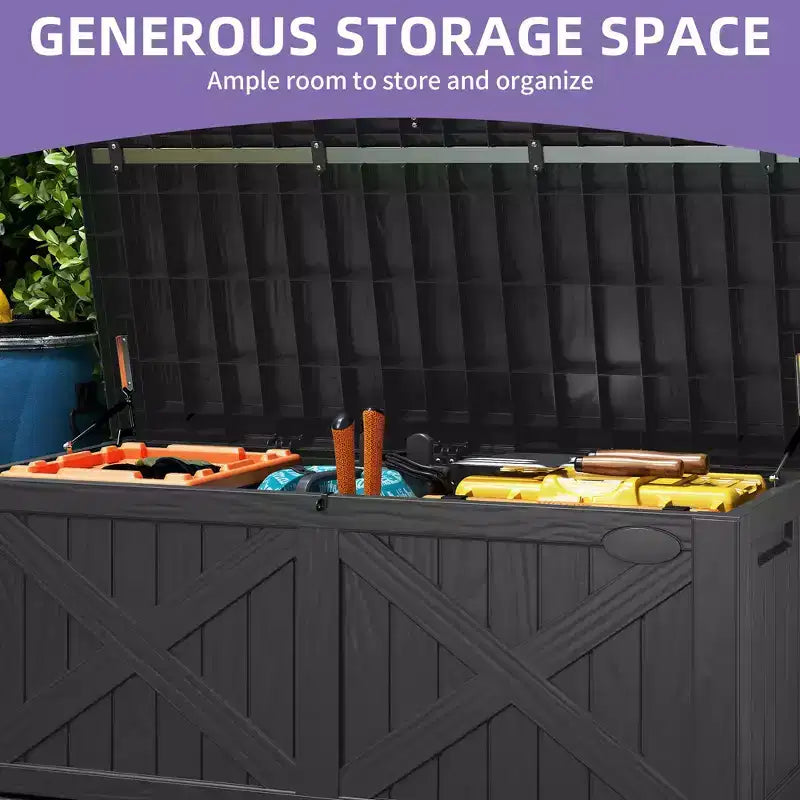 Coffre de rangement extérieur en résine de 450 litres, grand, en forme de X sur le devant, banc de rangement imperméable pour coussins