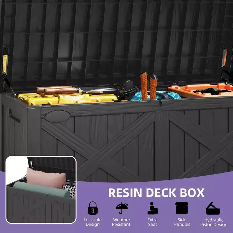 Coffre de rangement extérieur en résine de 450 litres, grand, en forme de X sur le devant, banc de rangement imperméable pour coussins
