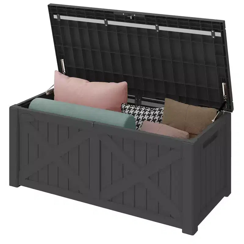 Coffre de rangement extérieur en résine de 450 litres, grand, en forme de X sur le devant, banc de rangement imperméable pour coussins