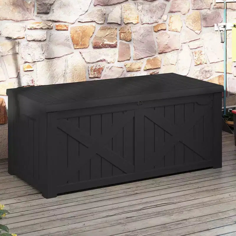 Coffre de rangement extérieur en résine de 450 litres, grand, en forme de X sur le devant, banc de rangement imperméable pour coussins