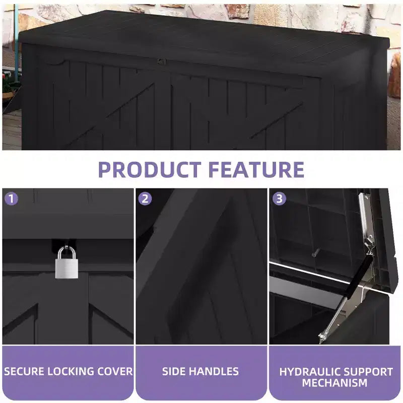 Coffre de rangement extérieur en résine de 450 litres, grand, en forme de X sur le devant, banc de rangement imperméable pour coussins